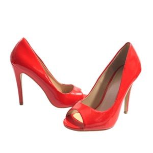 “Selia” Bright Red Patent Peep Toe Pump, 7.5